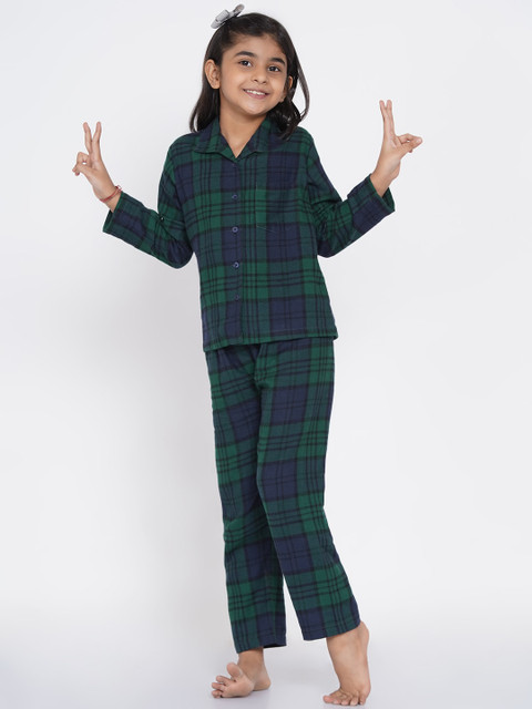 

berrytree Girls Green & Blue Printed Night suit