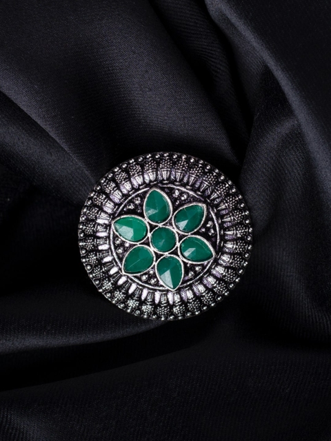 

MORKANTH JEWELLERY Oxidised Silver-Plated & Green Diamond Ring