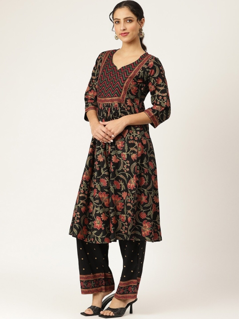 

Rustorange Women Black Floral Printed Kurta with Trousers & With Dupatta
