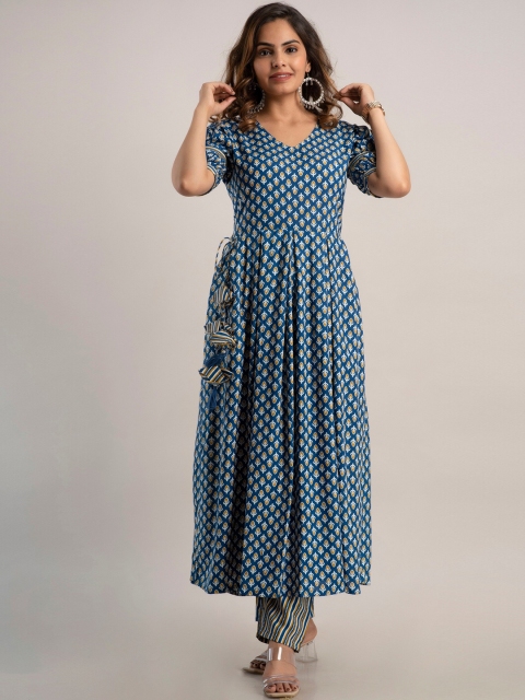 

KALINI Women Blue Printed Pleated Kurta with Trousers