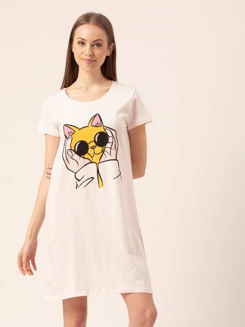 

Lounge Dreams Off White Graphic Printed Cotton T-Shirt Nightdress