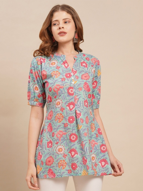 

FASHOR Turquoise Blue & Pink Floral Printed Pure Cotton Kurti