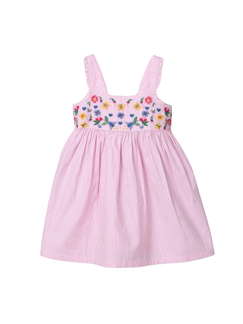 

Beebay Girls Pink Striped Empire-Line Dress with Embroidery