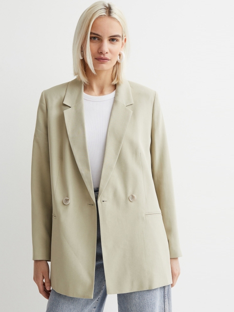 

H&M Women Green Solid Double Breasted Jacket
