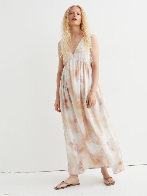 

H&M Women White & Pink Printed Long V-Neck dress
