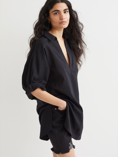 

H&M Black Long Linen-Blend Shirt