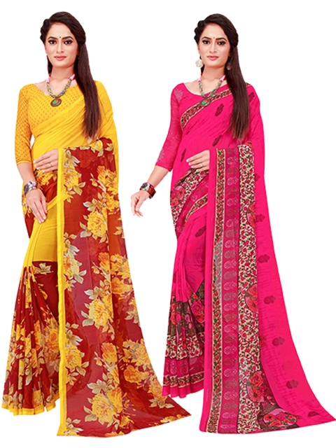 

KALINI Maroon & Yellow Set Of 2 Floral Pure Georgette Saree