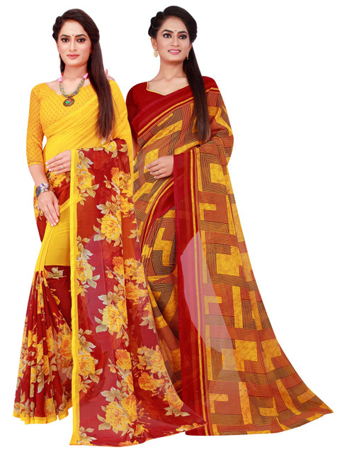 

KALINI Maroon & Beige Set Of 2 Floral Pure Georgette Saree