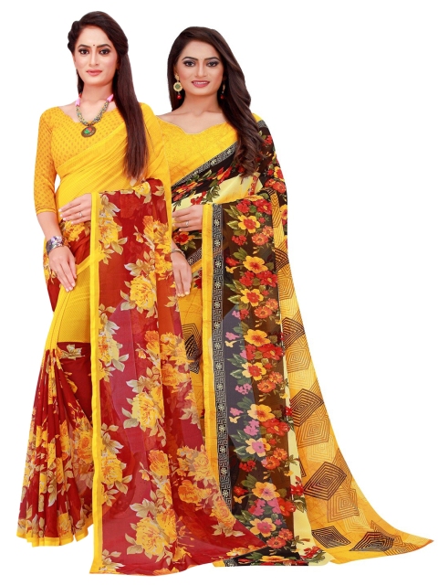 

KALINI Yellow & Maroon Set Of 2 Floral Pure Georgette Saree