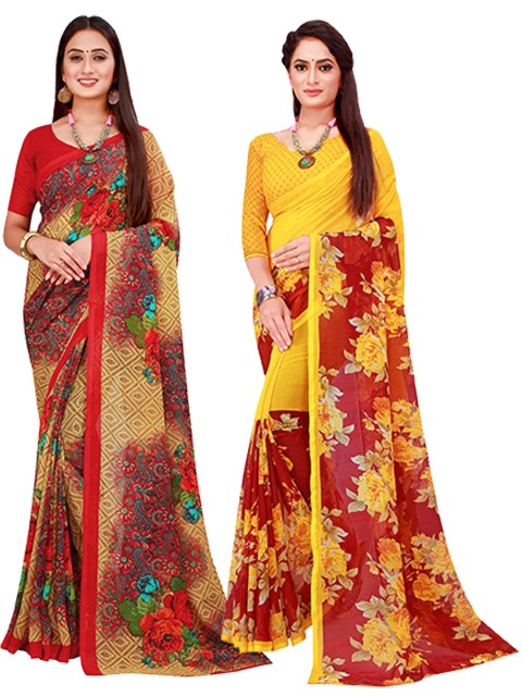 

KALINI Red & Maroon Set Of 2 Floral Pure Georgette Saree