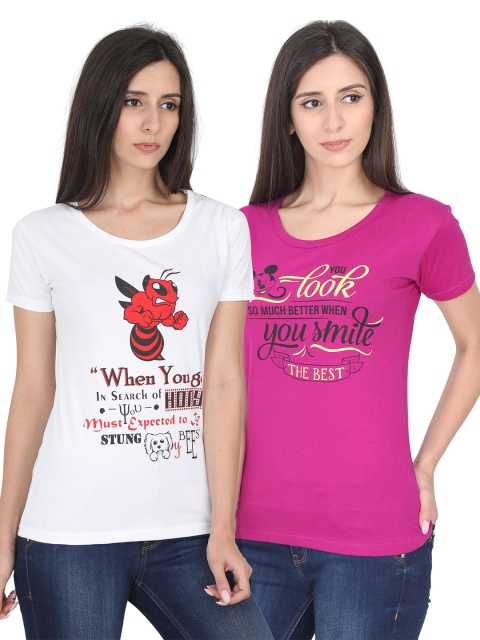 

Fleximaa Women White & Pink 2 Printed T-shirt