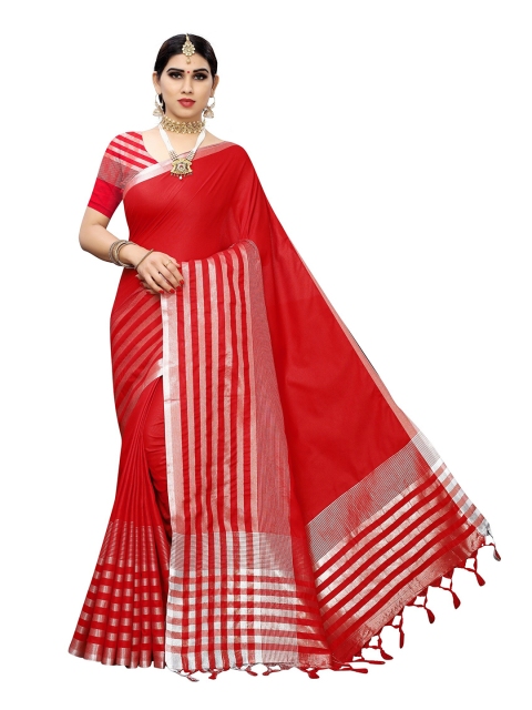 

Yashika Red & Silver-Toned Striped Zari Silk Cotton Ilkal Saree
