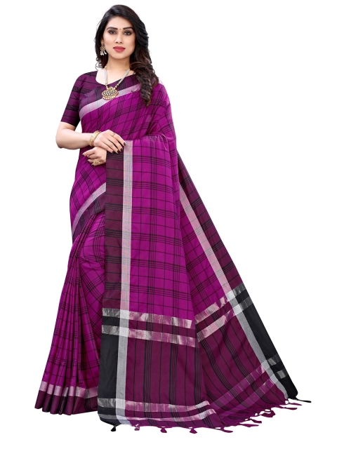 

Yashika Purple & Silver-Toned Checked Zari Silk Cotton Ilkal Saree