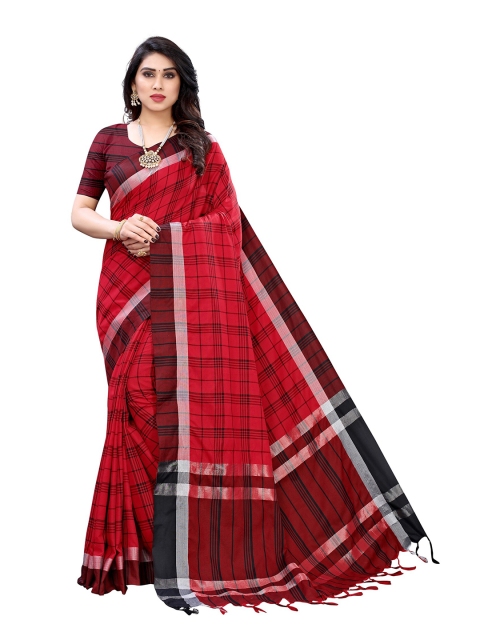 

Yashika Red & Silver-Toned Checked Zari Silk Cotton Ilkal Saree