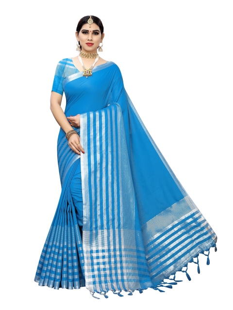 

Yashika Blue & Silver-Toned Striped Zari Silk Cotton Ilkal Saree