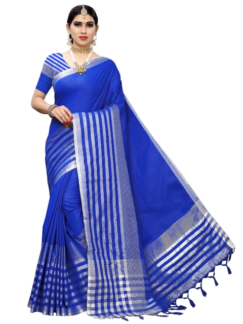 

Yashika Blue & Silver-Toned Striped Zari Silk Cotton Ilkal Saree