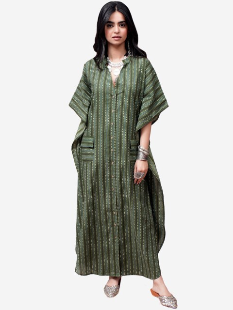 

Alaya By Stage3 Women Green Striped Flared Sleeves Kaftan Kurta