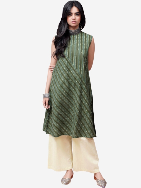 

Alaya By Stage3 Women Green Striped Thread Work Kurta