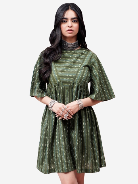 

Alaya By Stage3 Green Striped A-Line Dress