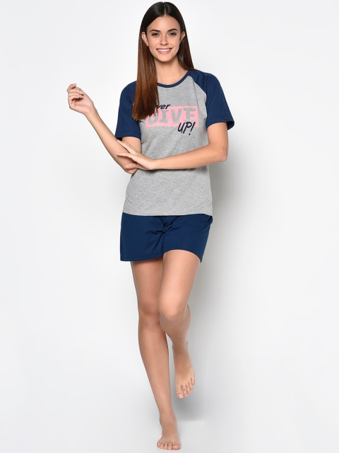 

CUSHYBEE Women Navy Blue & Grey Printed Night suit