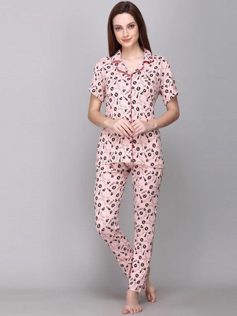 

CUSHYBEE Women Pink & Black Printed Night suit