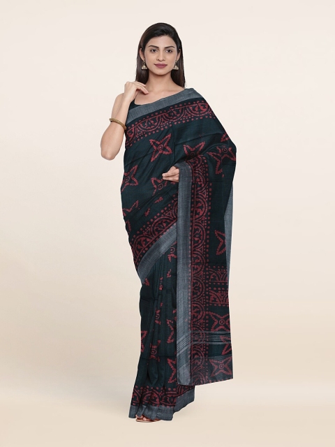 

Pothys Green & Red Batik Print Jute Cotton Saree