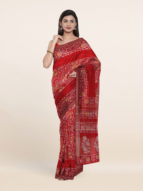 

Pothys Red Batik Print Jute Cotton Saree