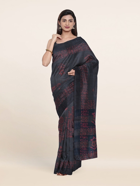

Pothys Grey & Pink Batik Print Jute Cotton Saree