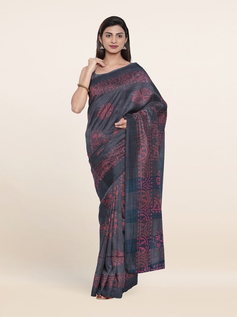 

Pothys Grey & Pink Batik Print Jute Cotton Saree