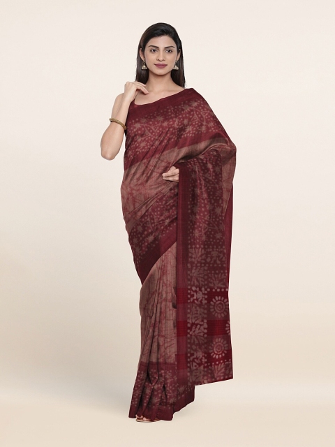 

Pothys Maroon & Cream-Coloured Batik Jute Cotton Saree