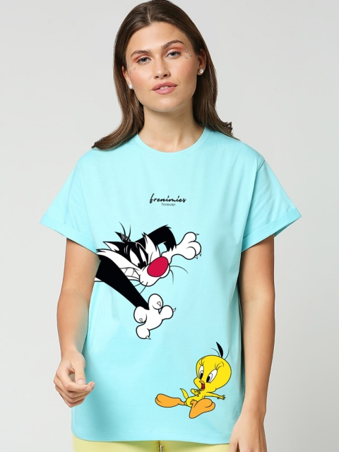 

Bewakoof Women Blue Printed Extended Sleeves Applique T-shirt