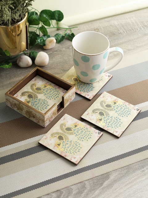 

eyda Gold-Toned Set of 7 Digital Printed Wooden Coaster with Holder