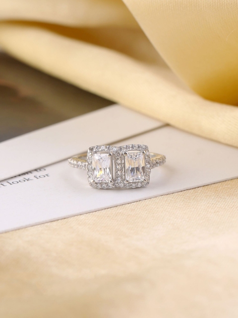 

Hiara Jewels Rhodium-Plated Silver-Toned & White CZ-Studded Finger Ring
