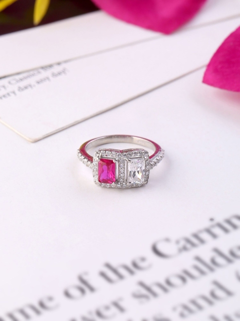 

Hiara Jewels Silver Rhodium-Plated Pink & White CZ-Studded Finger Ring