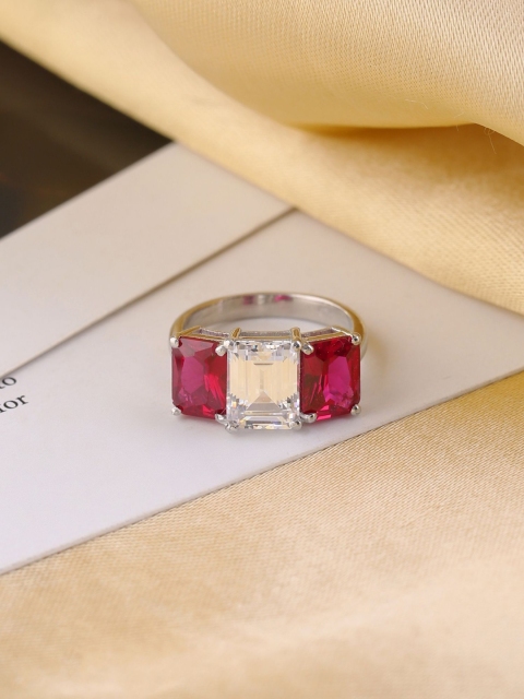 

Hiara Jewels Rhodium-Plated 925 Sterling White & Red CZ-Studded Tri Solitaire Ring, Silver