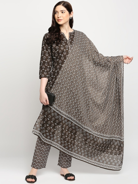 

ZRI Women Brown Ethnic Motifs Printed Pure Cotton Kurta With Trousers