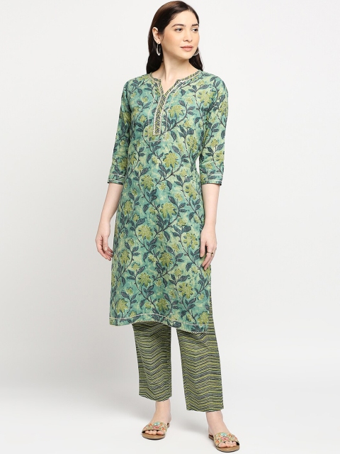 

ZRI Women Green Floral Printed Pure Cotton Kurta with Trousers