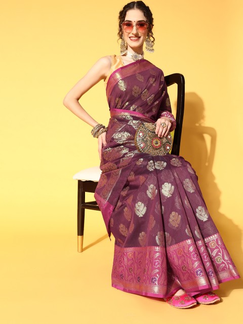 

Chhabra 555 Burgundy & Golden Ethnic Motifs Zari Silk Blend Banarasi Saree