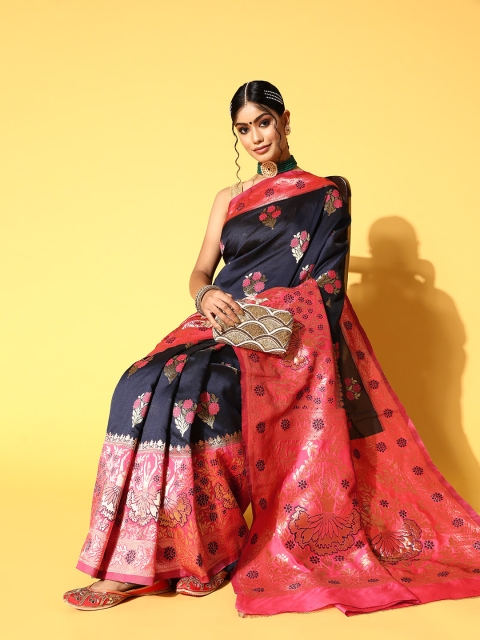 

Chhabra 555 Ethnic Motifs Saree with Woven Design Border, Navy blue