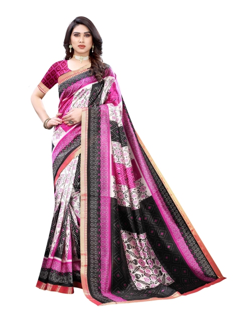 

AADVIKA Pink & Black Ethnic Motifs Printed Mysore Silk Saree