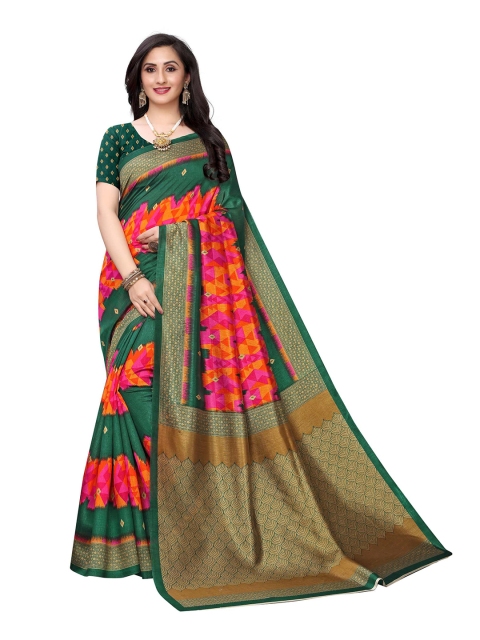 

AADVIKA Green & Orange Geometric Printed Art Silk Mysore Silk Saree