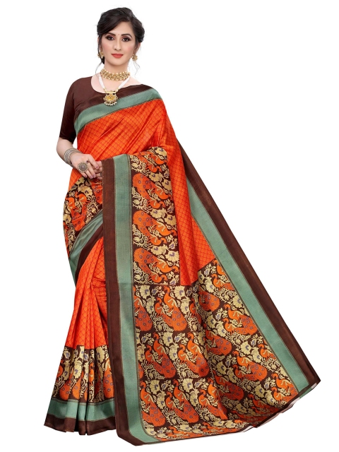 

AADVIKA Orange & Brown Ethnic Motifs Art Silk Mysore Silk Saree