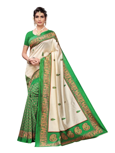 

AADVIKA Beige & Green Ethnic Motifs Printed Mysore Silk Saree