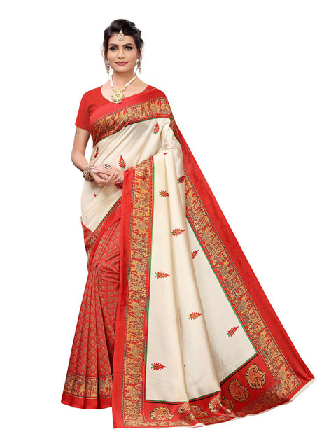 

AADVIKA White & Orange Ethnic Motifs Art Silk Ready to Wear Mysore Silk Saree