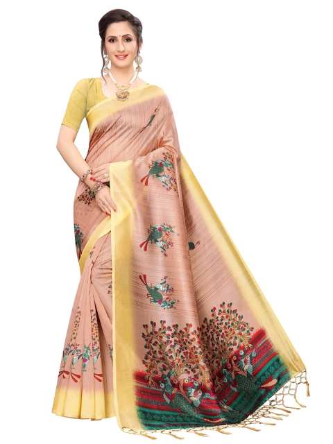 

AADVIKA Beige & Green Ethnic Motifs Art Silk Mysore Silk Saree