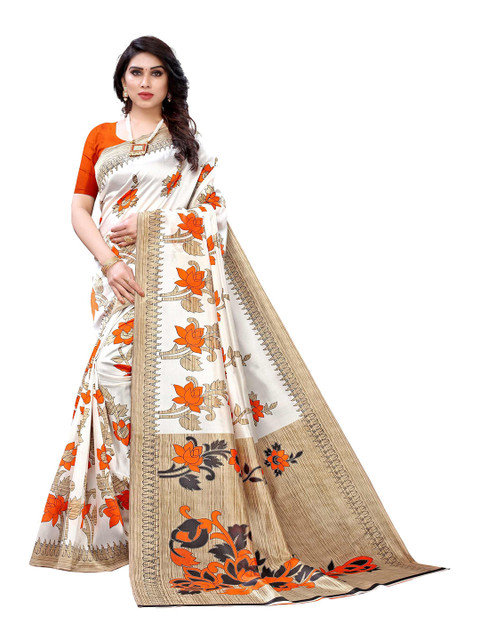 

AADVIKA White & Orange Woven Design Art Silk Mysore Silk Saree