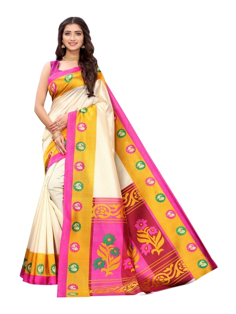 

AADVIKA Beige & Gold-Toned Ethnic Motif Printed Art Silk Mysore Silk Saree