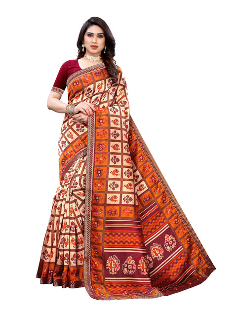 

AADVIKA Orange & Peach-Coloured Ethnic Motifs Printed Mysore Silk Saree