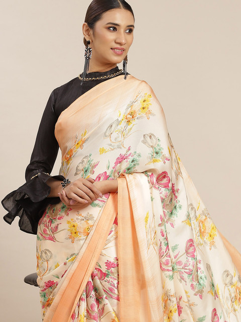 

Tikhi Imli Peach-Coloured & Yellow Floral Satin Saree