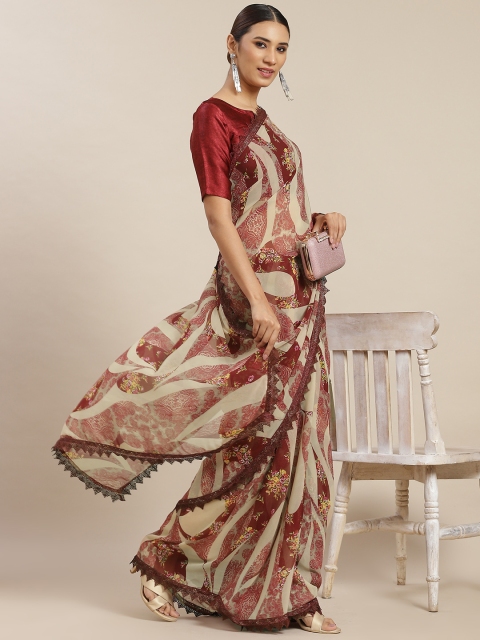 

Tikhi Imli Maroon & Beige Floral Poly Georgette Saree with Chikankari Lace Border